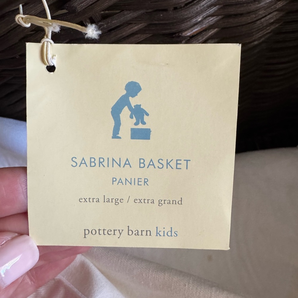 Pottery Barn Kids Wicker Sabrina Basket with Pink and White liner. “Katelyn” - Picture 2 of 4